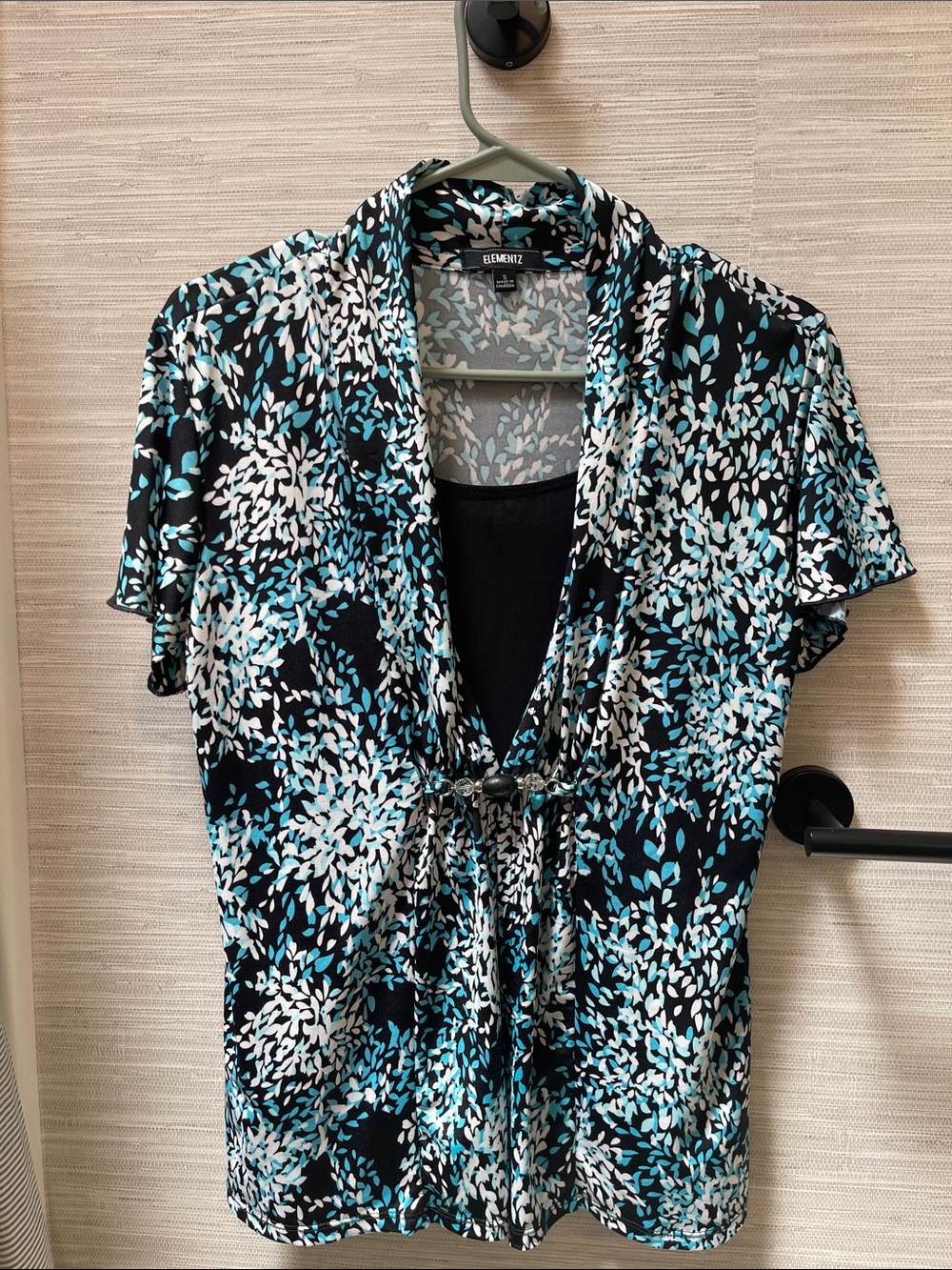 Elementz Black, Teal & White Floral Tie-Front Blouse